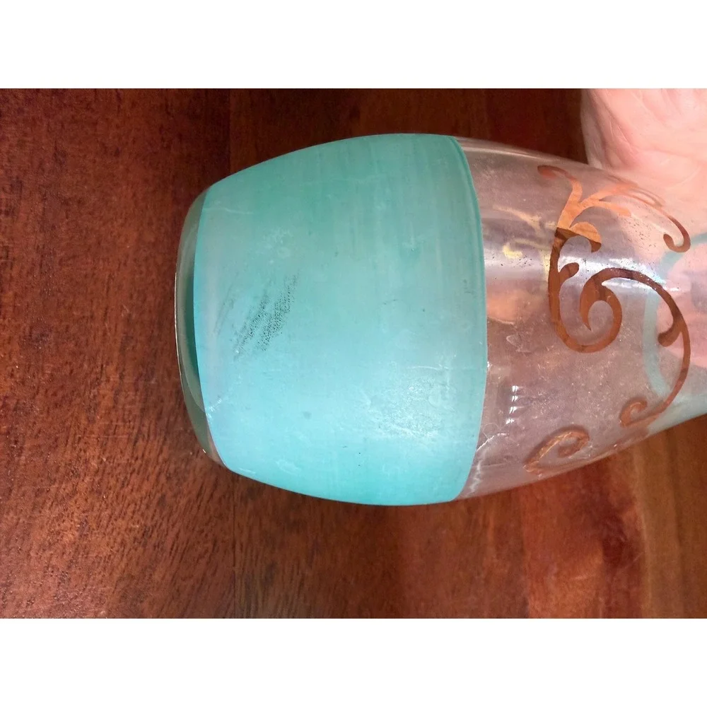 Vintage Midcentury Art Glass Vases – Aqua Spiral Swirl, Gold Scroll Accents
